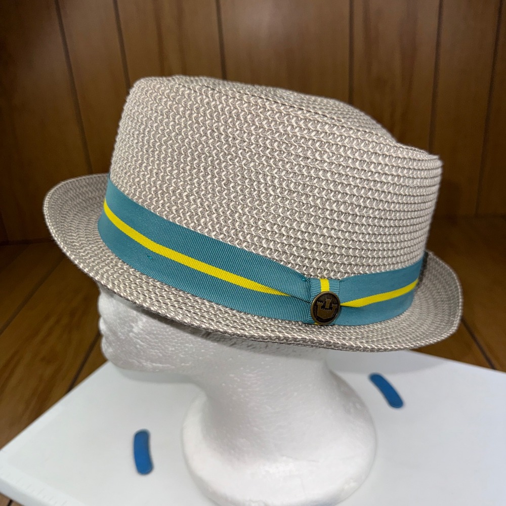 Goorin Bros Mens Straw Fedora Hat Gray White Teal Band Large Life of Leisure
